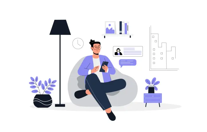 Man Working Remotely at Sofa with Mobile Flat Design Illustration